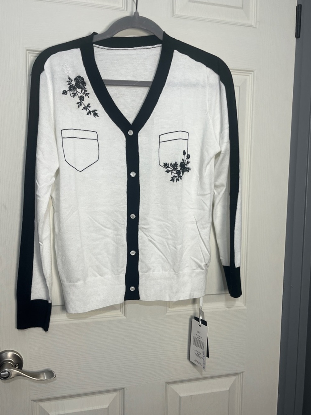 Geli- Black-Trim White Floral Cardigan Sweater for Women
